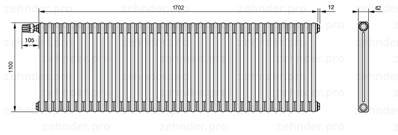 Схема (чертеж) Радиатор Zehnder Charleston 2110/37 №V012 Белый глянцевый RAL 9016